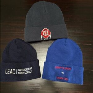 Embroidered Beanie Trio - Gray Firefighter, Navy LEAC, Royal Blue Team USA